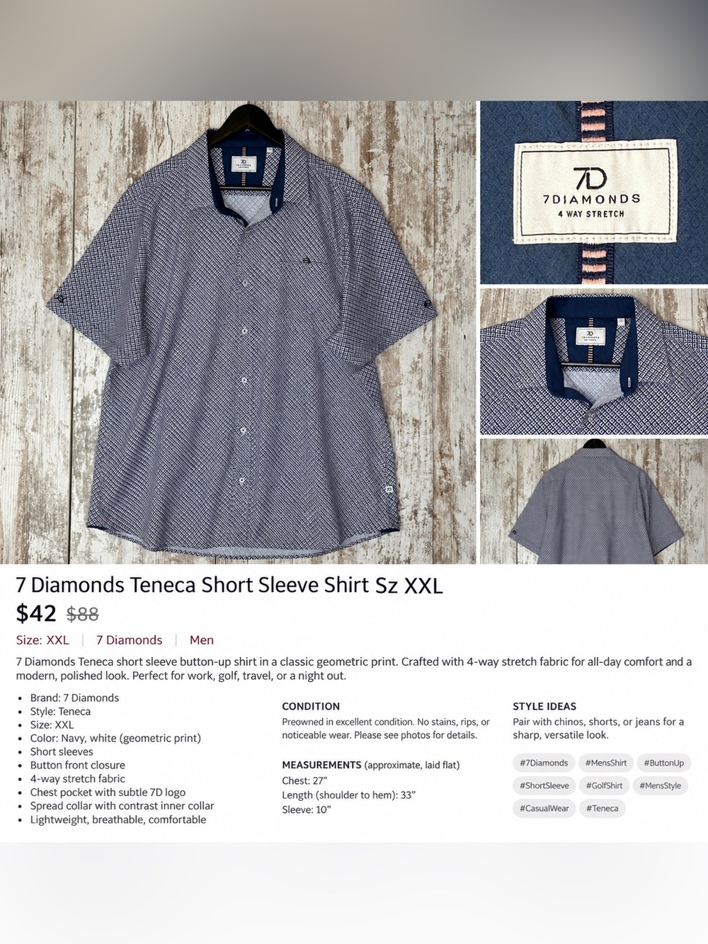 7 Diamonds Teneca Short Sleeve Button Up Shirt Men’s XXL Navy Geometric 4 Way St